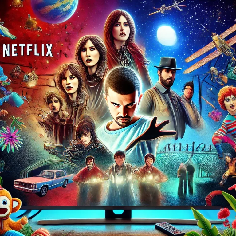 DALL·E 2024 07 28 04.55.21 A vibrant and engaging collage featuring characters and scenes from popular Netflix shows set against a background of a large TV screen. The collage