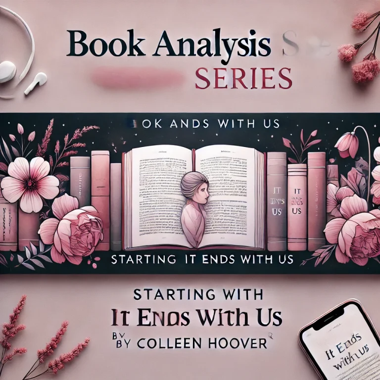 A banner image for a podcast series on book analysis specifically focusing on the novel It Ends with Us by Colleen Hoover. The banner should featur