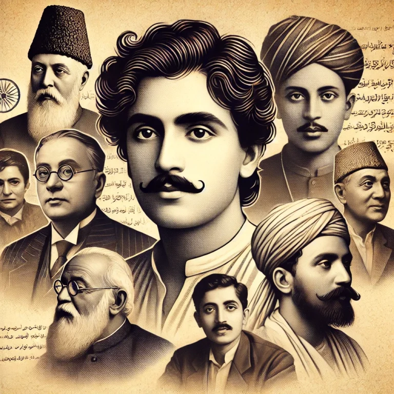 A feature image for a blog post about the top 20 famous shayars of India focusing on Hindi Urdu poetry legends. The image should include a collage of